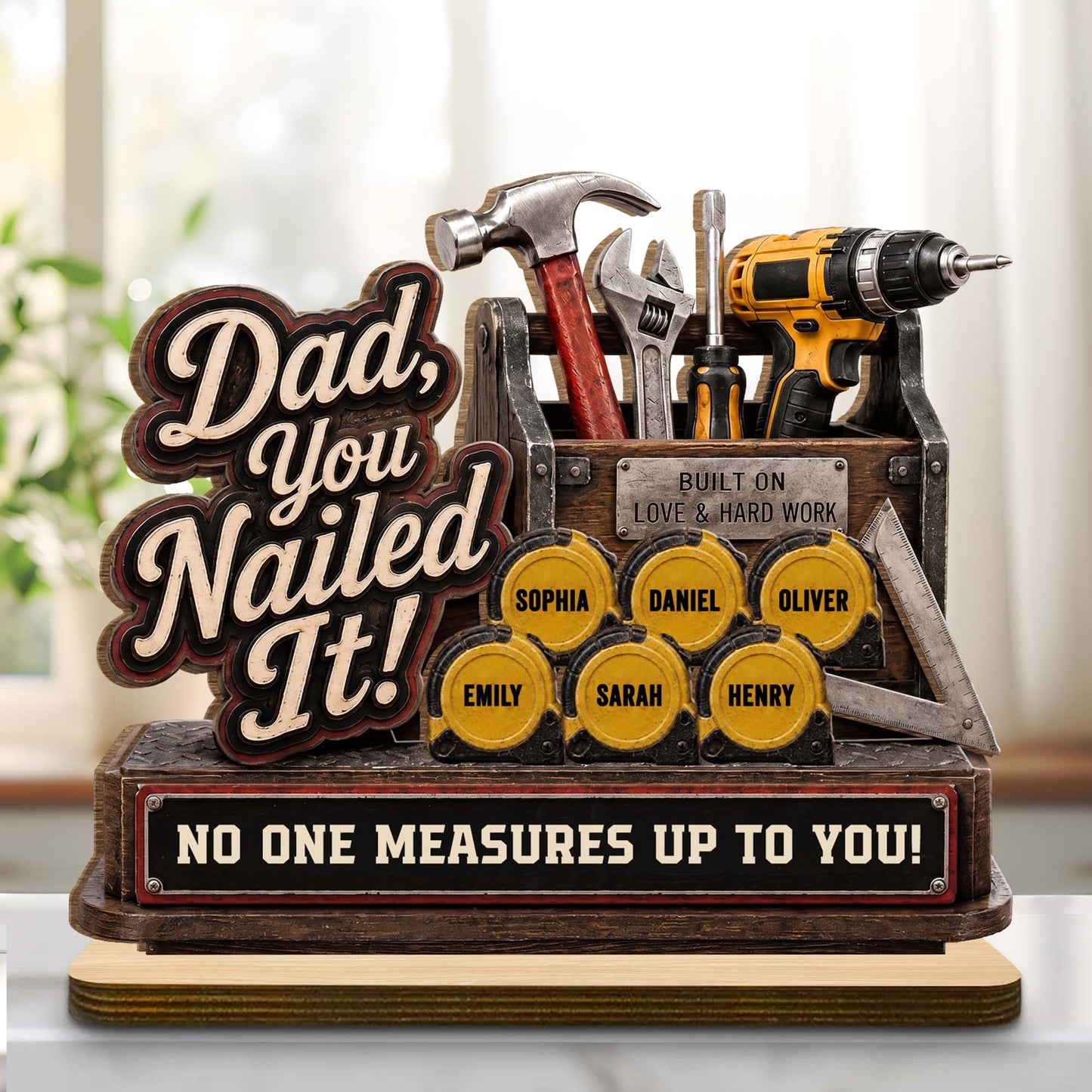 Personalized dad wooden plaque with toolbox design and custom kids names on tape measures