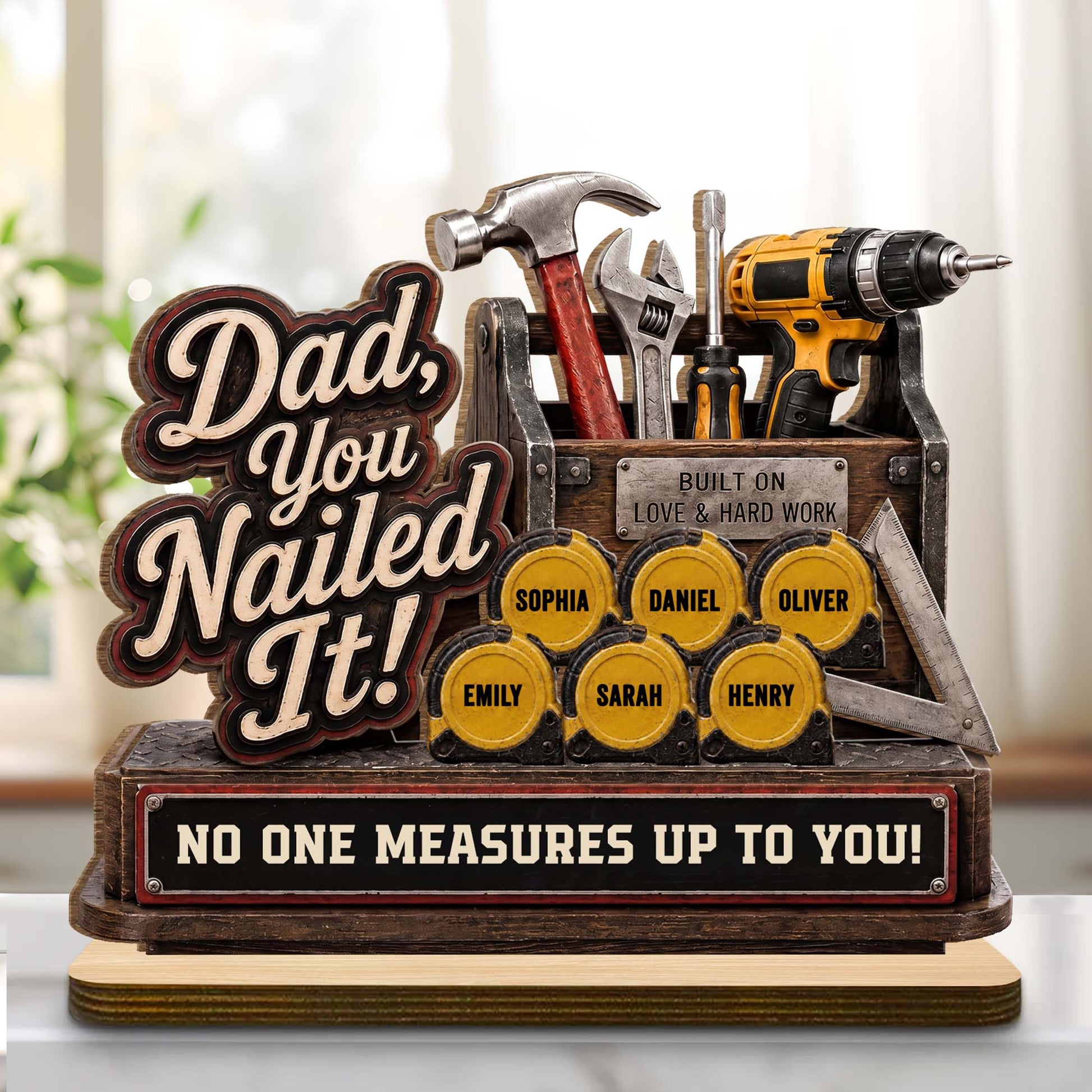 Personalized dad wooden plaque with toolbox design and custom kids names on tape measures
