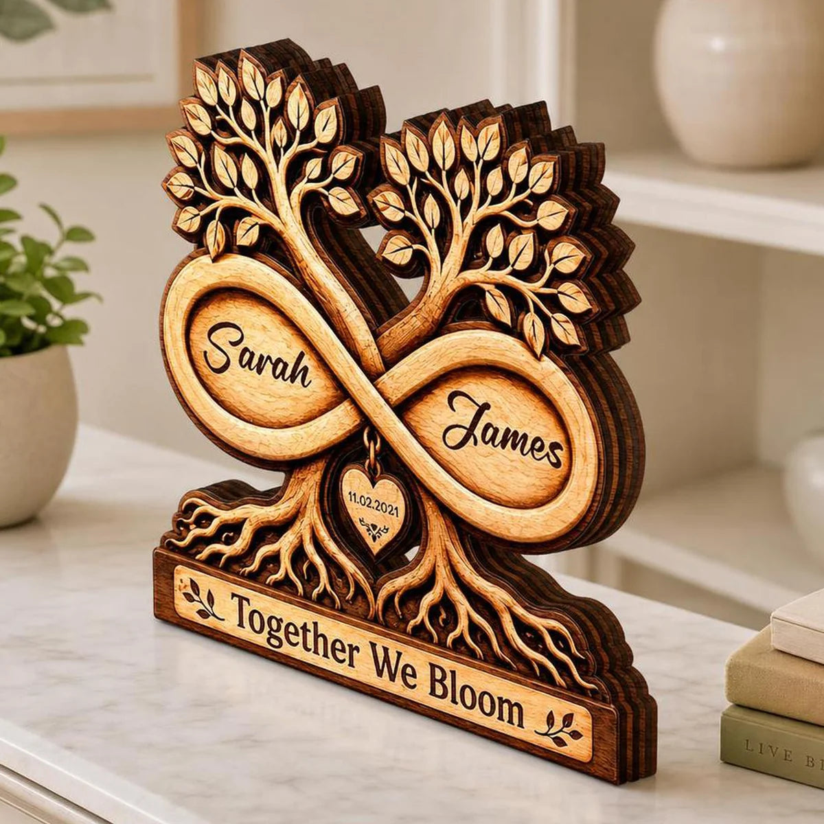 Together We Bloom Infinity Tree Personalized Wooden Block - Custom Anniversary & Wedding Keepsake Gift for Couples