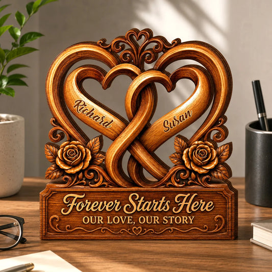 "Forever Starts Here" Personalized Interlocking Hearts Wooden Block - Anniversary Gift for Couples