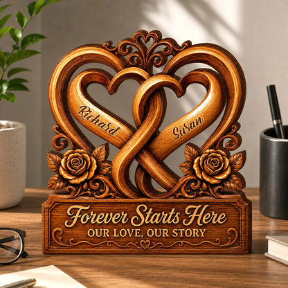 "Forever Starts Here" Personalized Interlocking Hearts Wooden Block - Anniversary Gift for Couples