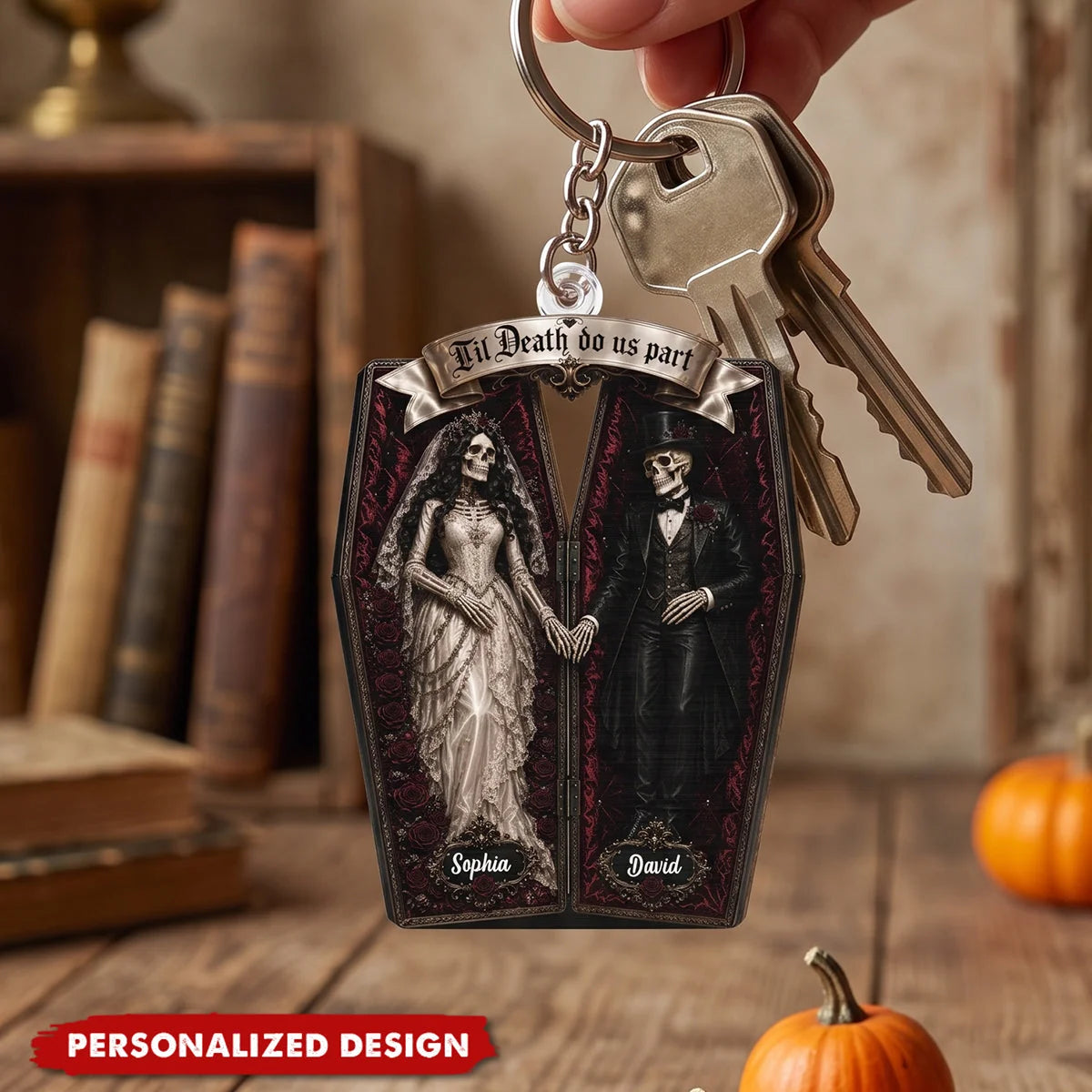 "Til Death Do Us Part" Skeleton Couple Coffin Personalized Acrylic Keychain - Custom Gothic Halloween Gift for Couples