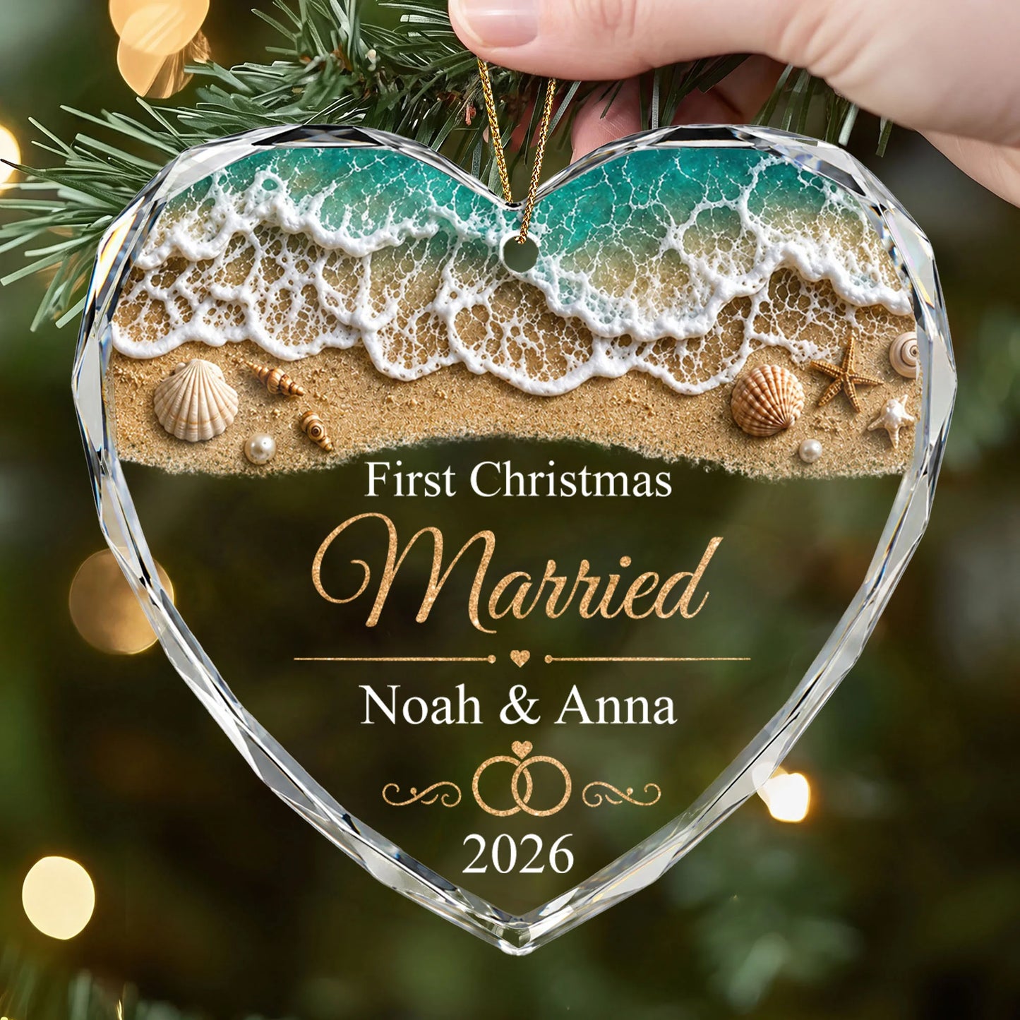 "First Christmas as Mr & Mrs" Personalized Glass Ornament - Custom Beach Wedding Couple Keepsake