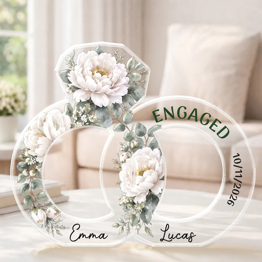 Custom Engagement Floral Rings Acrylic Plaque - Personalized Engagement Gift for Couples