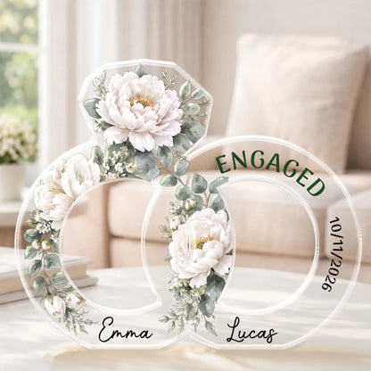 Custom Engagement Floral Rings Acrylic Plaque - Personalized Engagement Gift for Couples