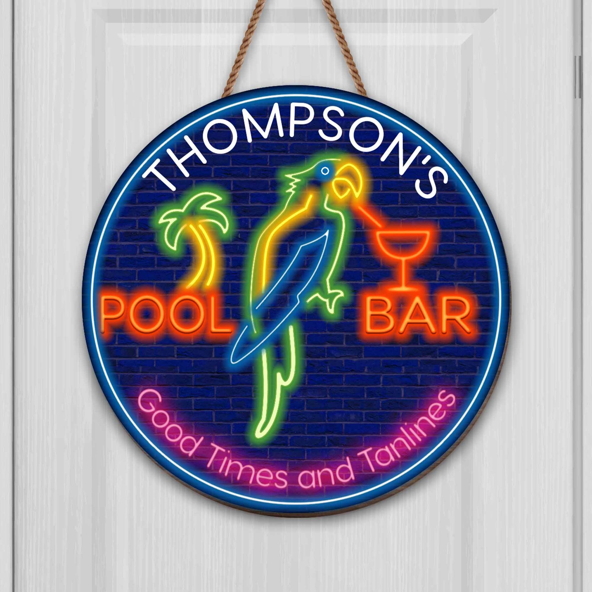 Personalized pool bar wood sign featuring tropical neon parrot design for summer home decor