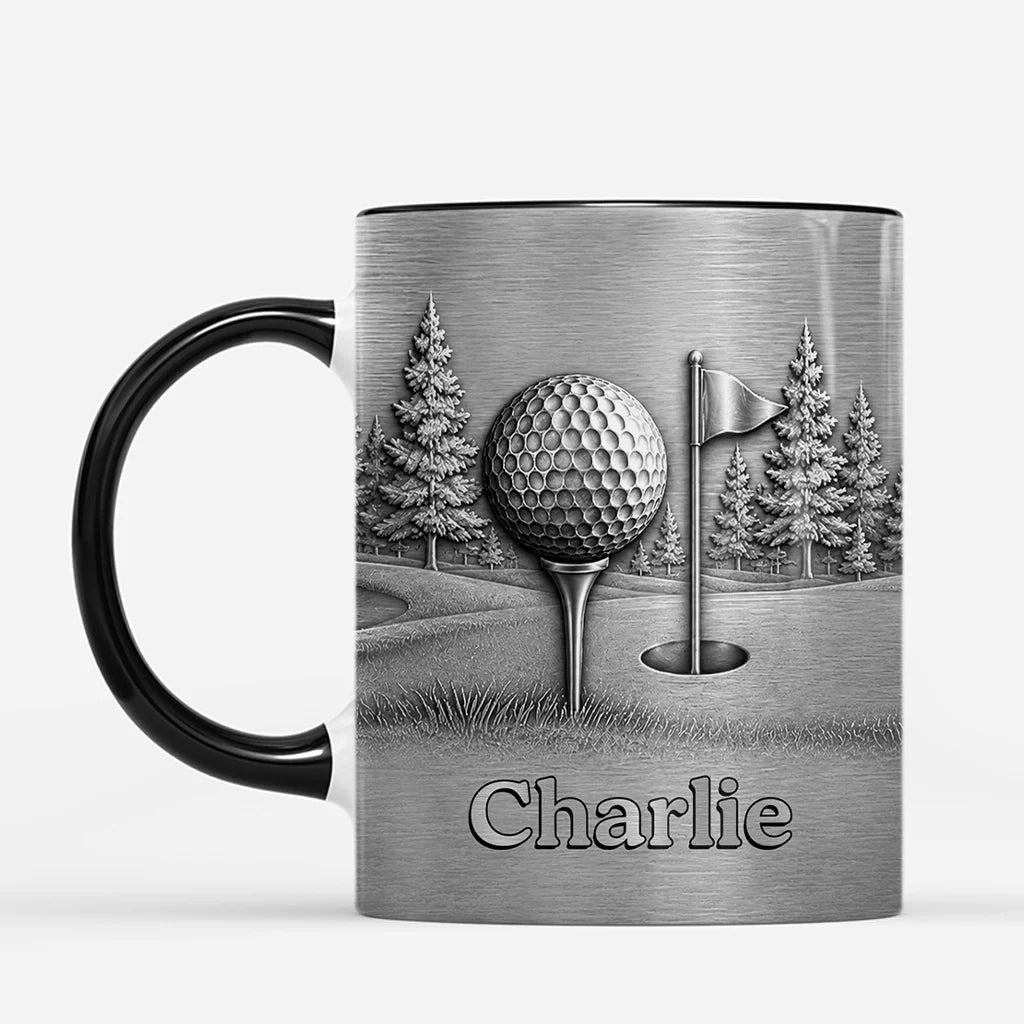 Personalized golf mug with 3D metallic effect design featuring a custom name, golf ball on tee, and flag