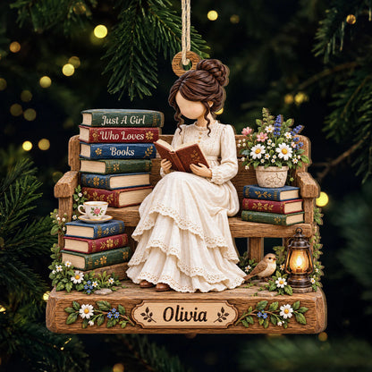 Just A Girl Who Loves Books Personalized Wooden Ornament - Custom Book Lover Christmas Keepsake Gift for Her
