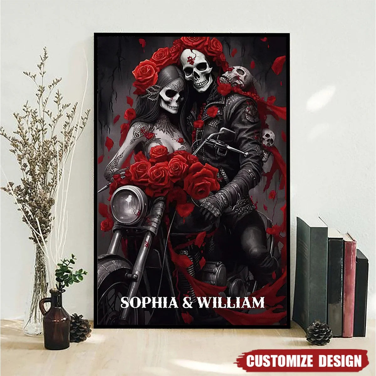 Personalized Skull Couple Motorcycle Canvas / Poster - Custom Biker Wall Art Anniversary Gift for Couples