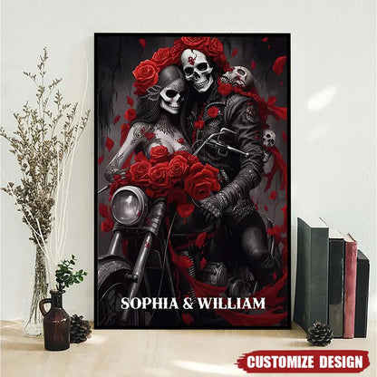 Personalized Skull Couple Motorcycle Canvas / Poster - Custom Biker Wall Art Anniversary Gift for Couples