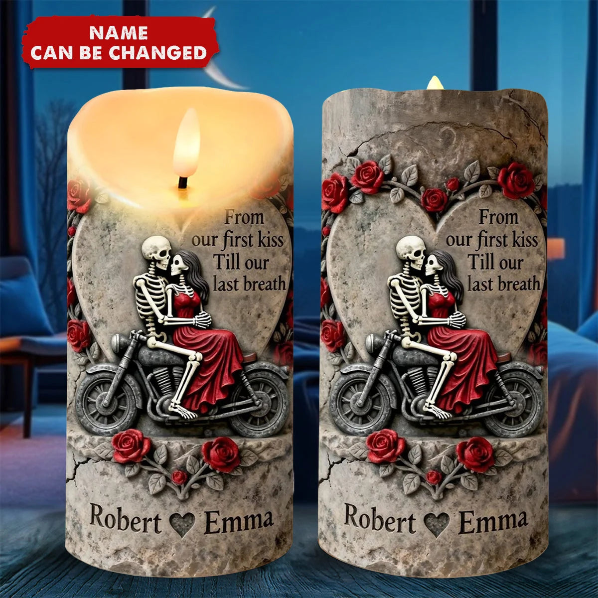From Our First Kiss Till Our Last Breath Personalized LED Candle - Custom Biker Couple Keepsake for Anniversary