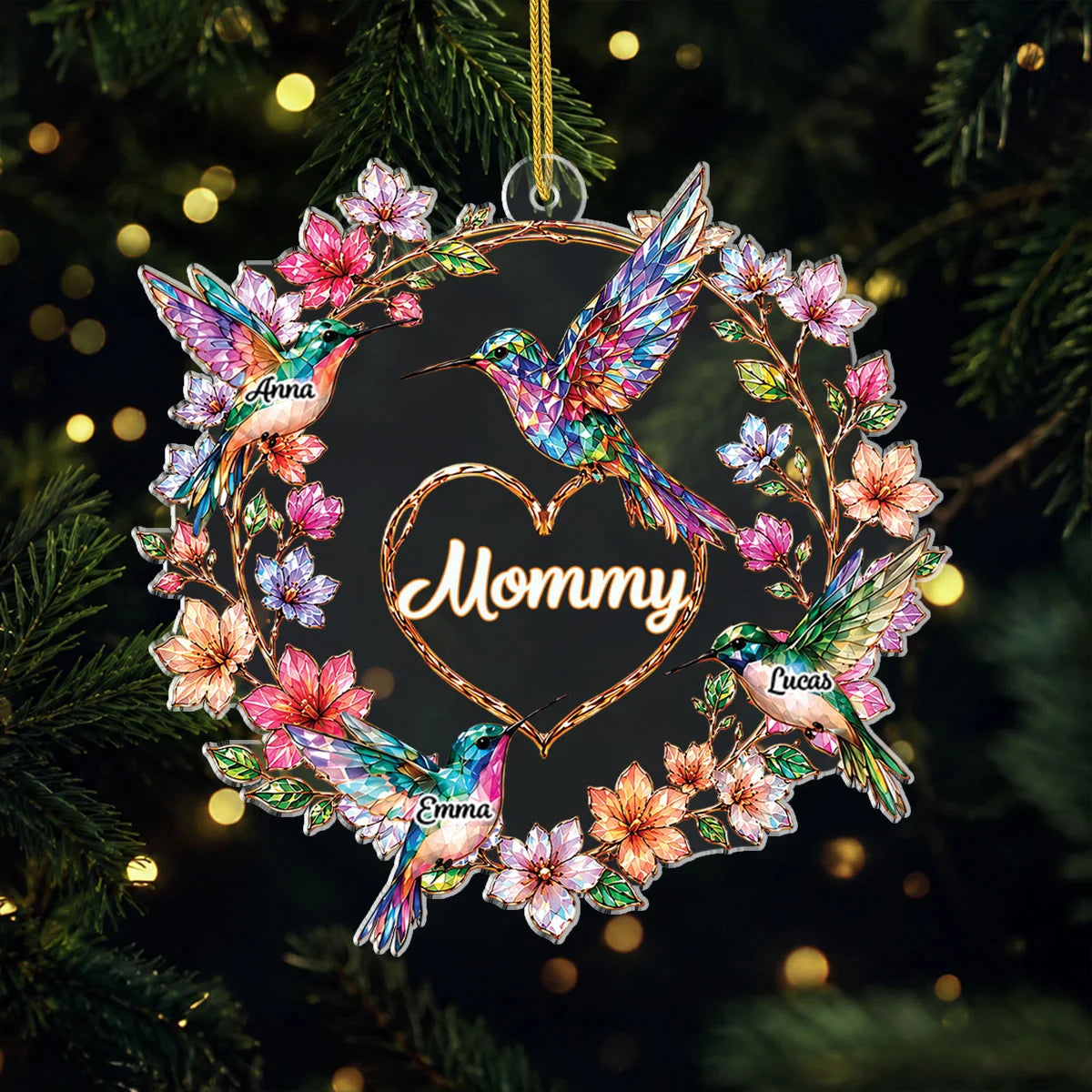 Personalized Hummingbird Family Names Acrylic Ornament - Custom Keepsake Gift for Mom & Grandma