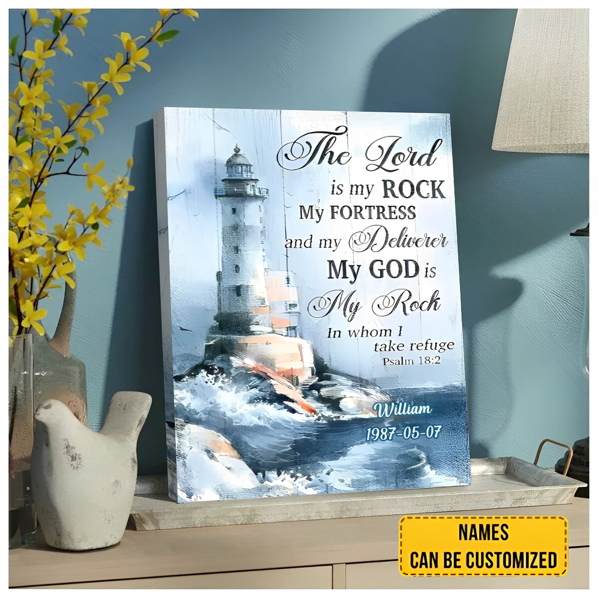 Custom Lighthouse Christian Canvas for Family with personalized design details for meaningful gifting