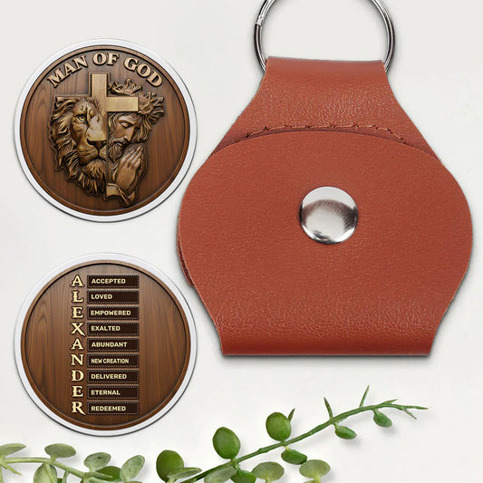 Personalized pocket hug token with Man of God lion cross design and custom leather pouch gift for Christian men