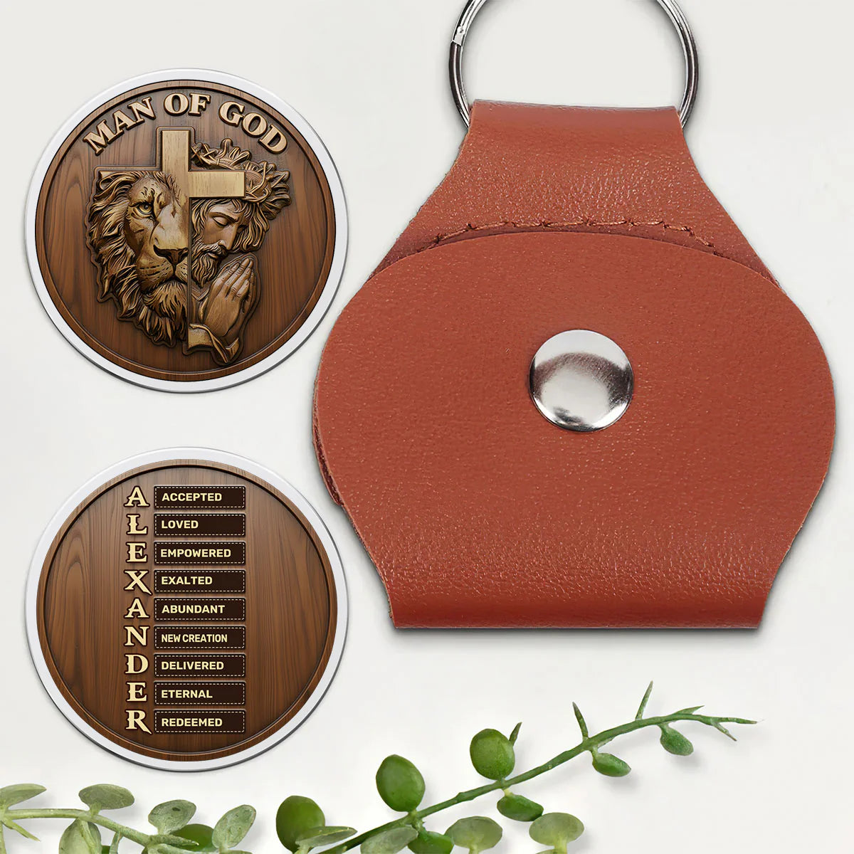 Personalized pocket hug token with Man of God lion cross design and custom leather pouch gift for Christian men