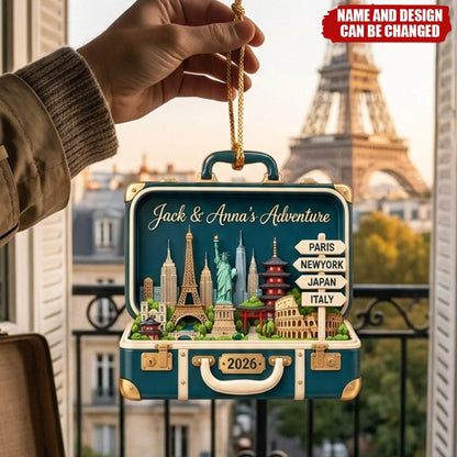 Personalized Adventure Wooden Ornament - Custom Travel Suitcase Christmas Gift for Couples