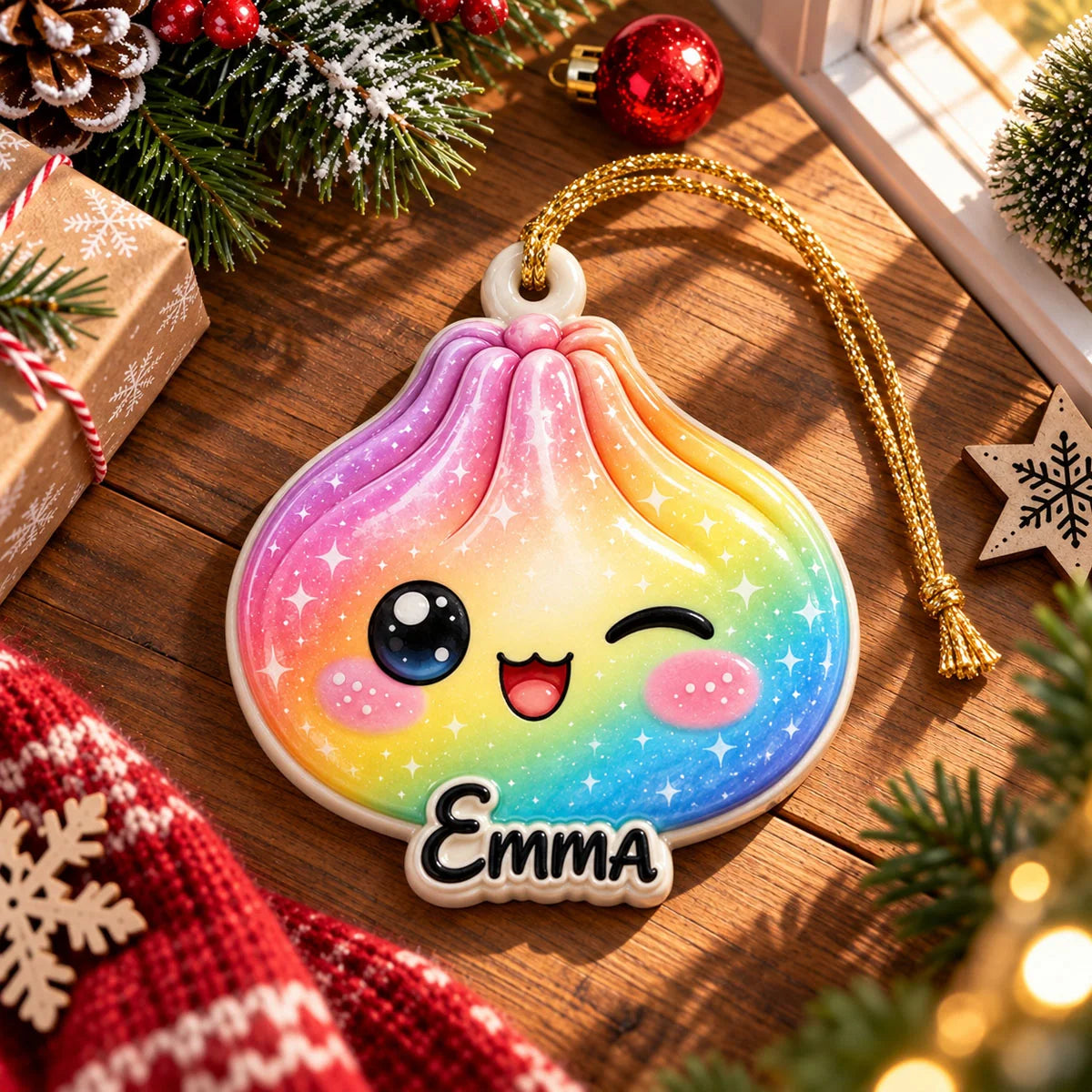 Cute Dumpling Personalized Wooden Ornament - Custom Name Keepsake for Family Christmas Tree