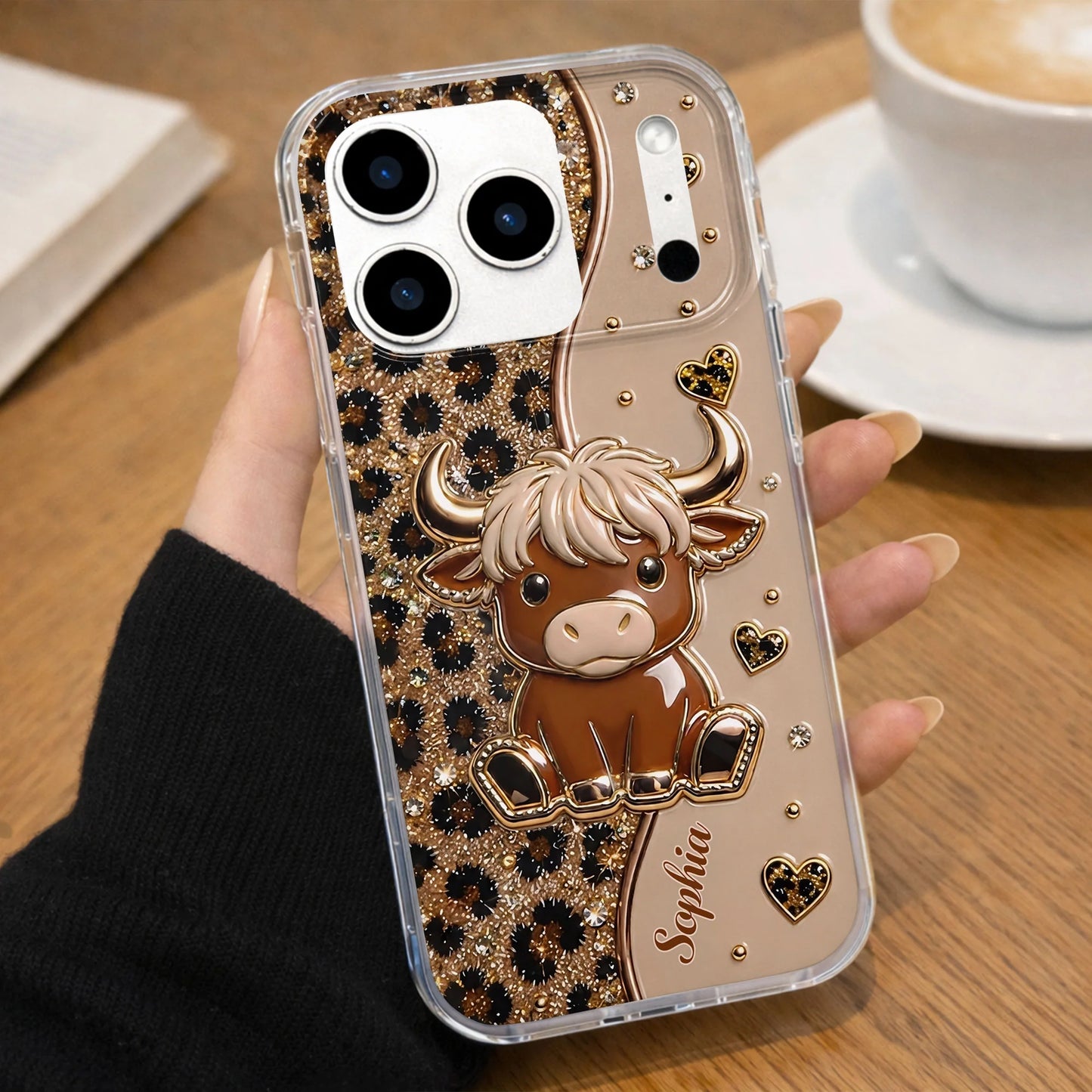 Highland cow personalized clear phone case with glitter leopard hearts for women image 9