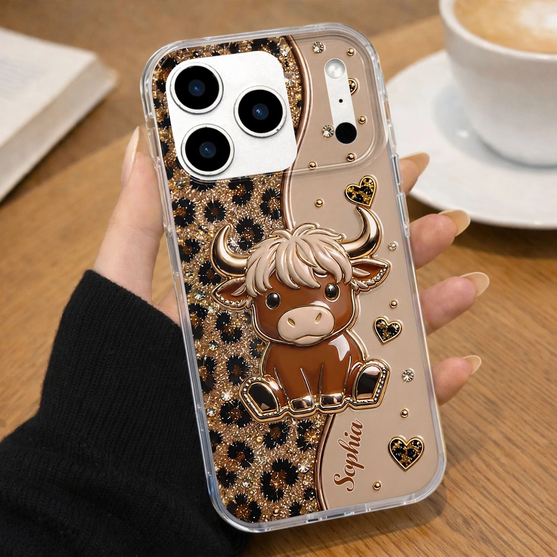 Highland cow personalized clear phone case with glitter leopard hearts for women image 9