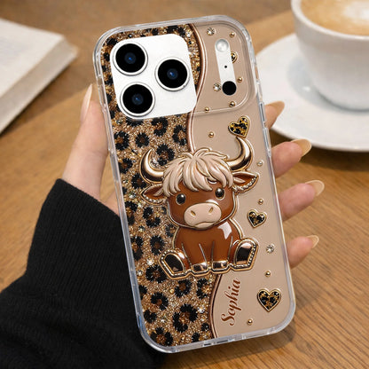 Highland cow personalized clear phone case with glitter leopard hearts for women image 9
