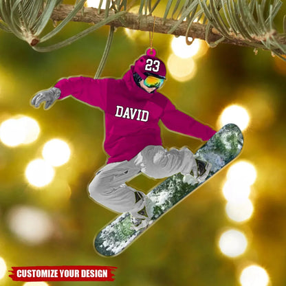 Snowboarder Jump Personalized Acrylic Ornament - Custom Snowboarding Holiday Keepsake Gift