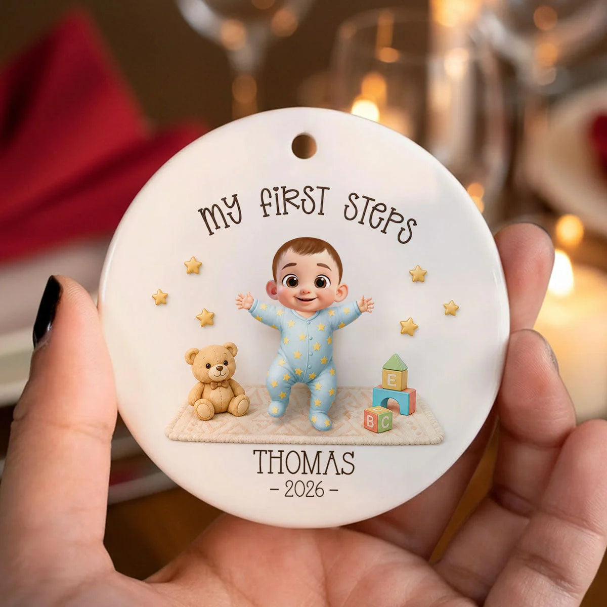 My First Steps Personalized Ceramic Ornament - Custom Baby Learned to Walk Christmas Keepsake