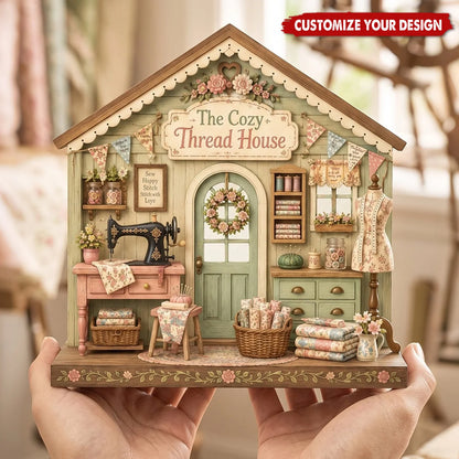The Cozy Thread House Personalized Wooden Sewing Block - Craft Room Shelf Sitter Gift for Mom