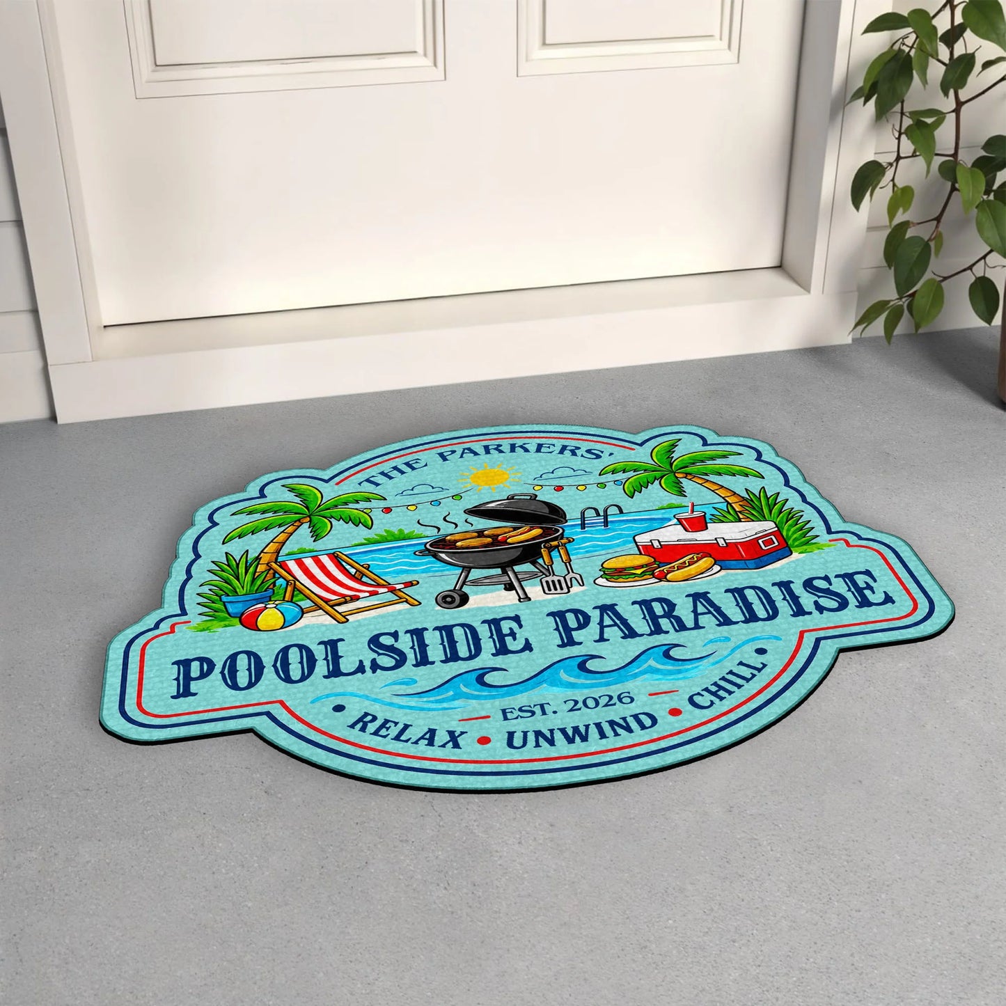 Custom Poolside Paradise Doormat personalization view for Family