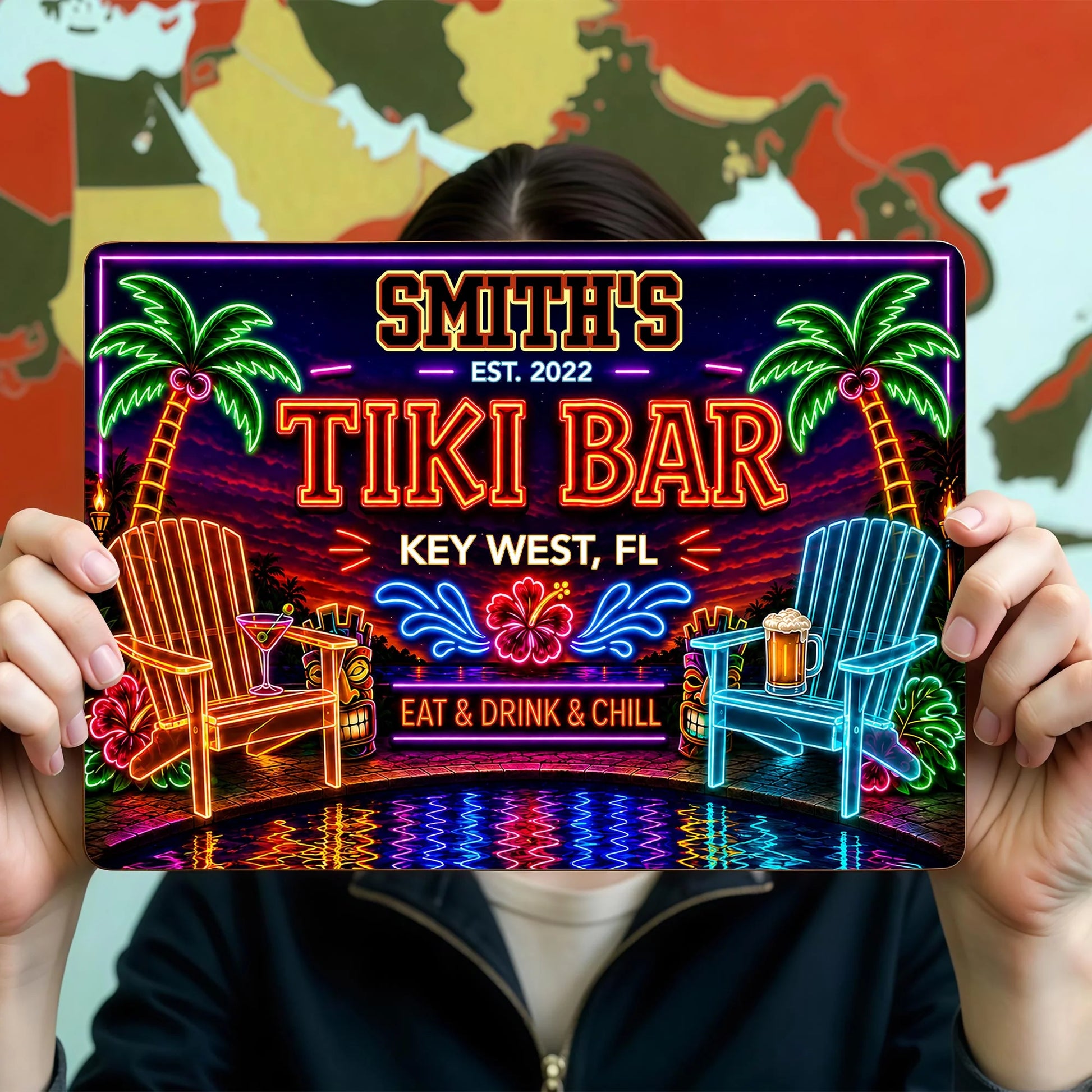 Personalized tiki bar metal sign with neon palm trees and beach chairs for outdoor patio decor image 6