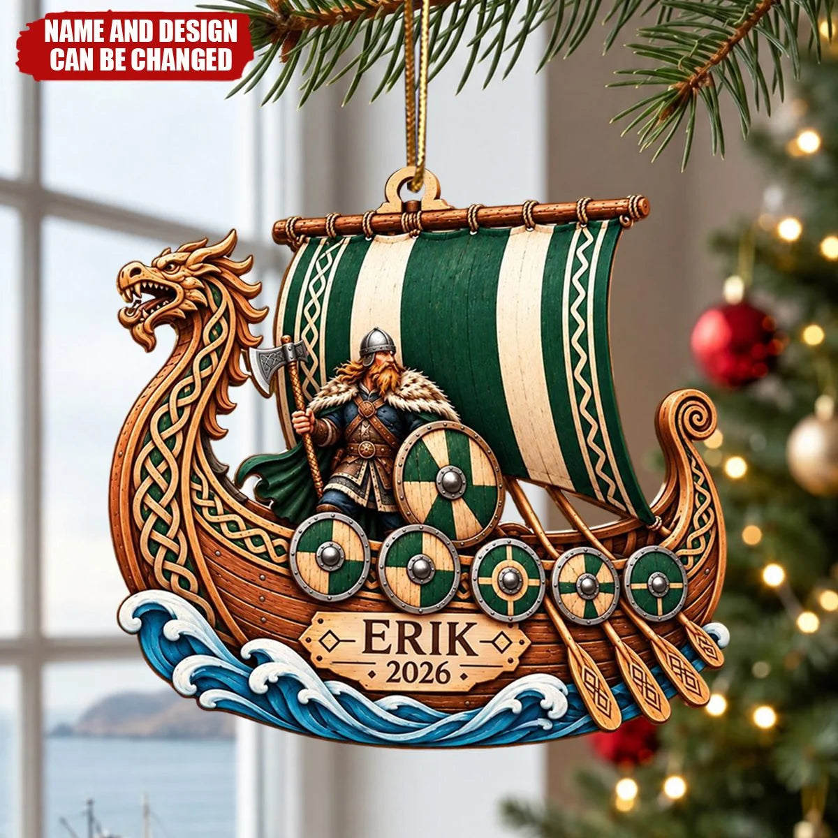 Personalized Viking Longship Christmas Wooden Ornament - Custom Norse Warrior Gift for Men