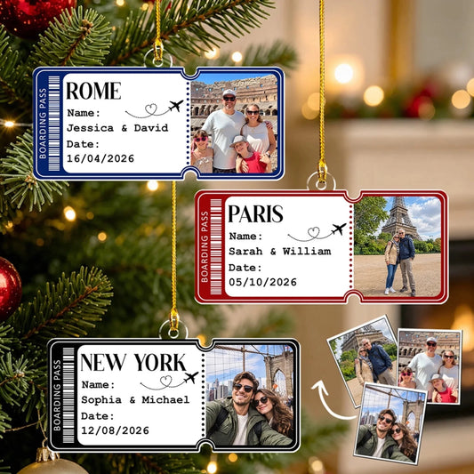 Boarding Pass Personalized Travel Photo Ornament for Couples - Custom Acrylic Keepsake Christmas Gift