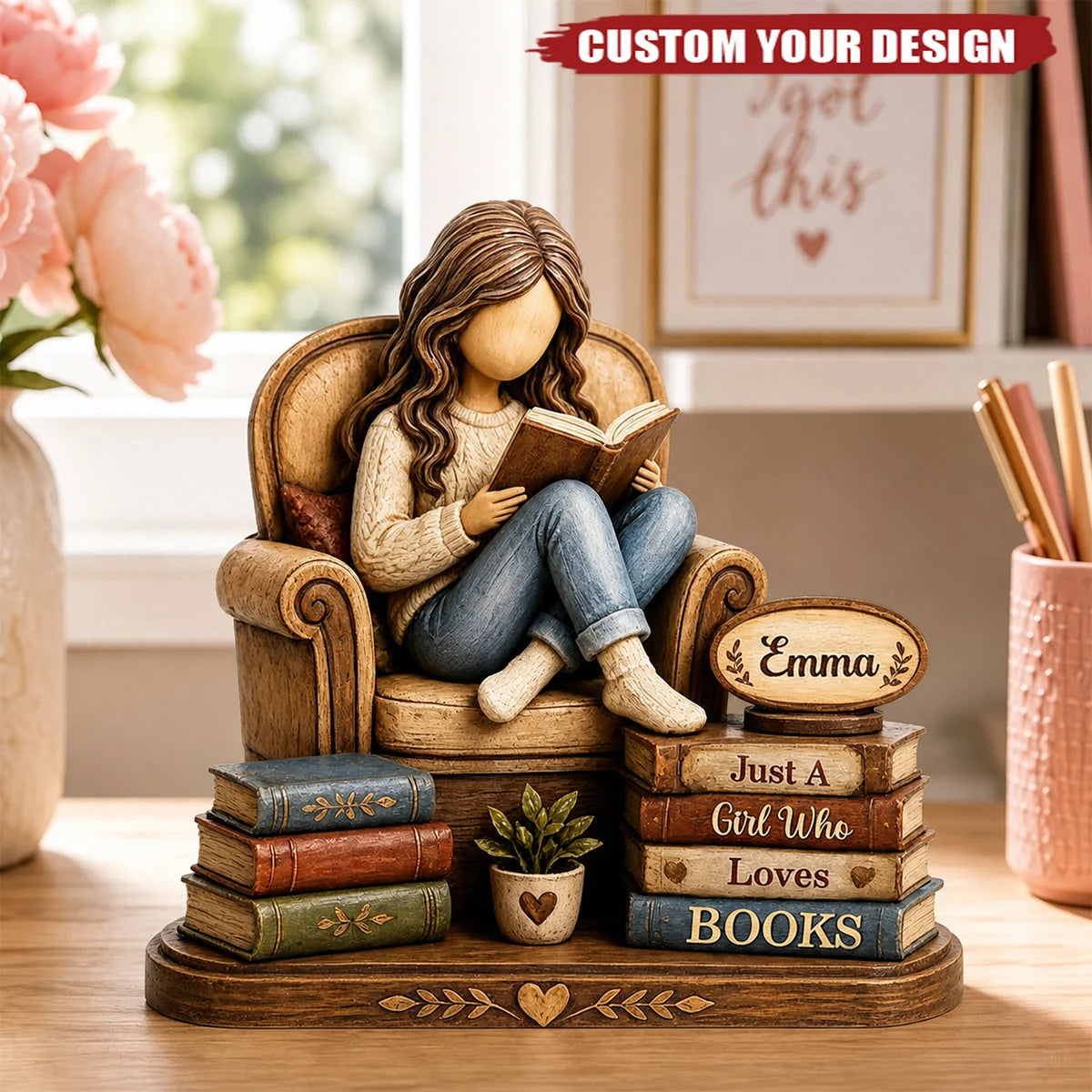 Just A Girl Who Loves Books Personalized Wooden Block - Custom Name Vintage Reader Figurine Gift for Bookworm