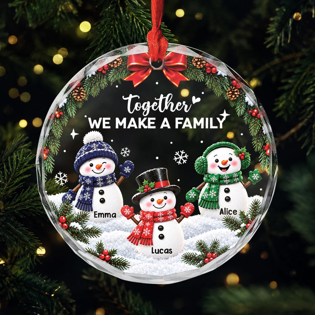 Together We Make A Family Personalized Glass Ornament - Custom Snowman Christmas Keepsake
