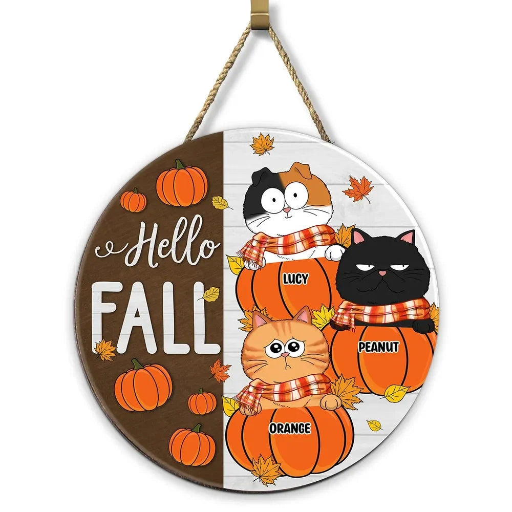 Hello Fall Cute Cats Custom Round Wood Sign - Personalized Autumn Pumpkin Door Hanger Gift for Cat Lovers