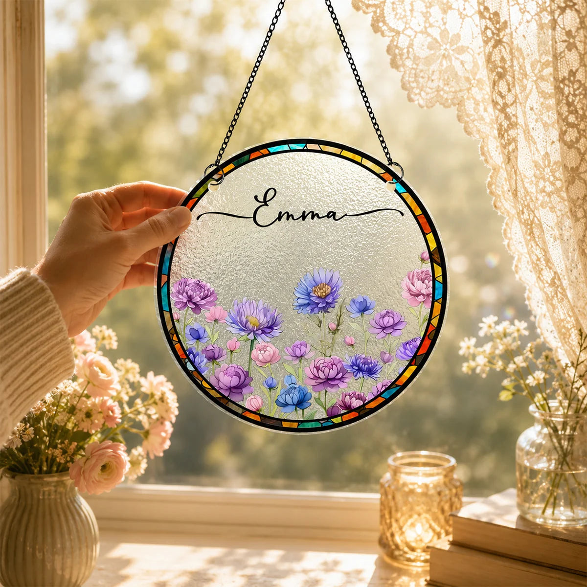 Birth Month Flower Personalized Suncatcher Ornament - Custom Gift for Her