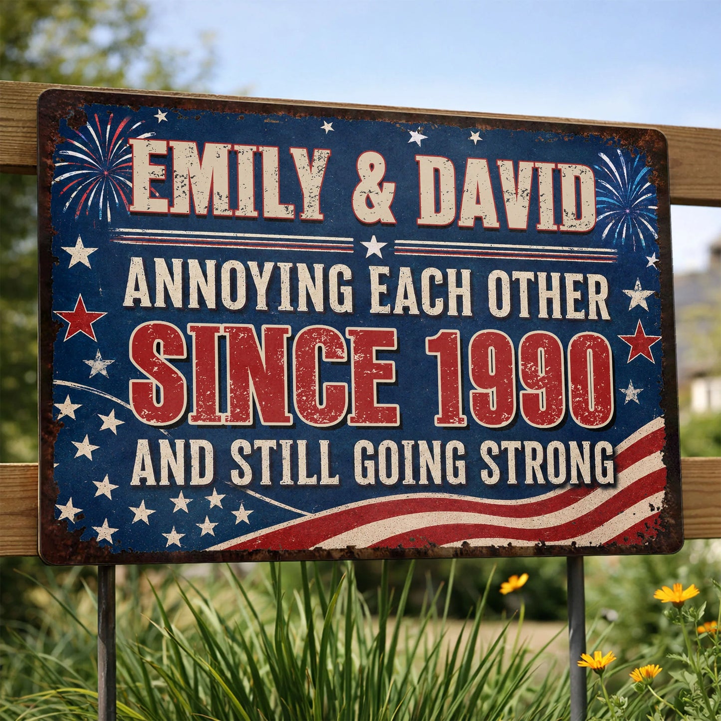 Custom annoying each other since personalized metal sign featuring an American flag background and custom names image 8