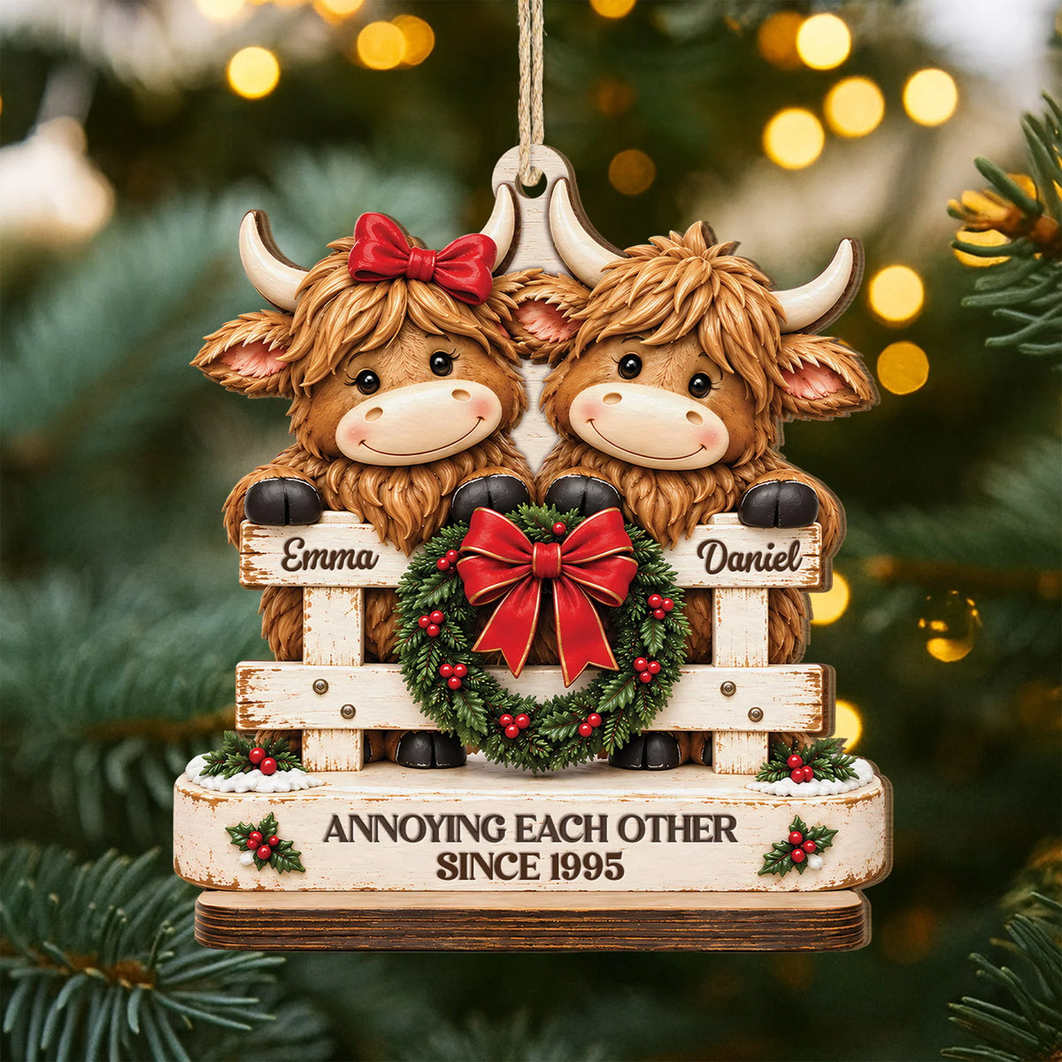Growing Old Together Highland Cow Couple Wooden Ornament - Personalized Christmas Keepsake Gift for Couples