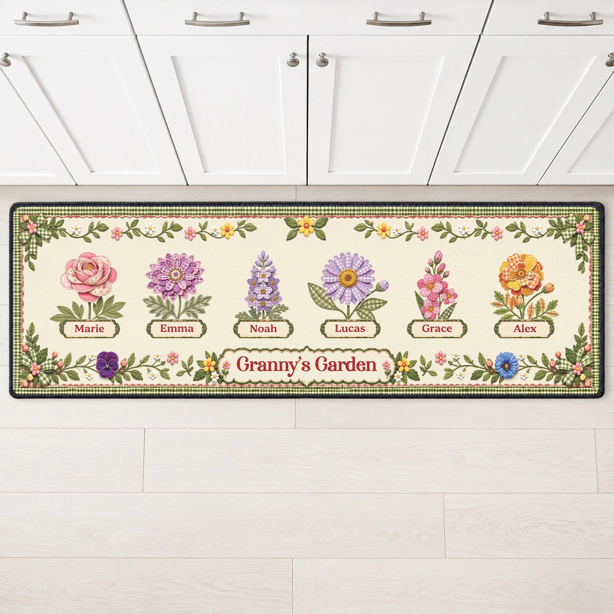 Granny's Garden Personalized Birth Month Flower Runner Rug - Custom Gift for Grandma Mom