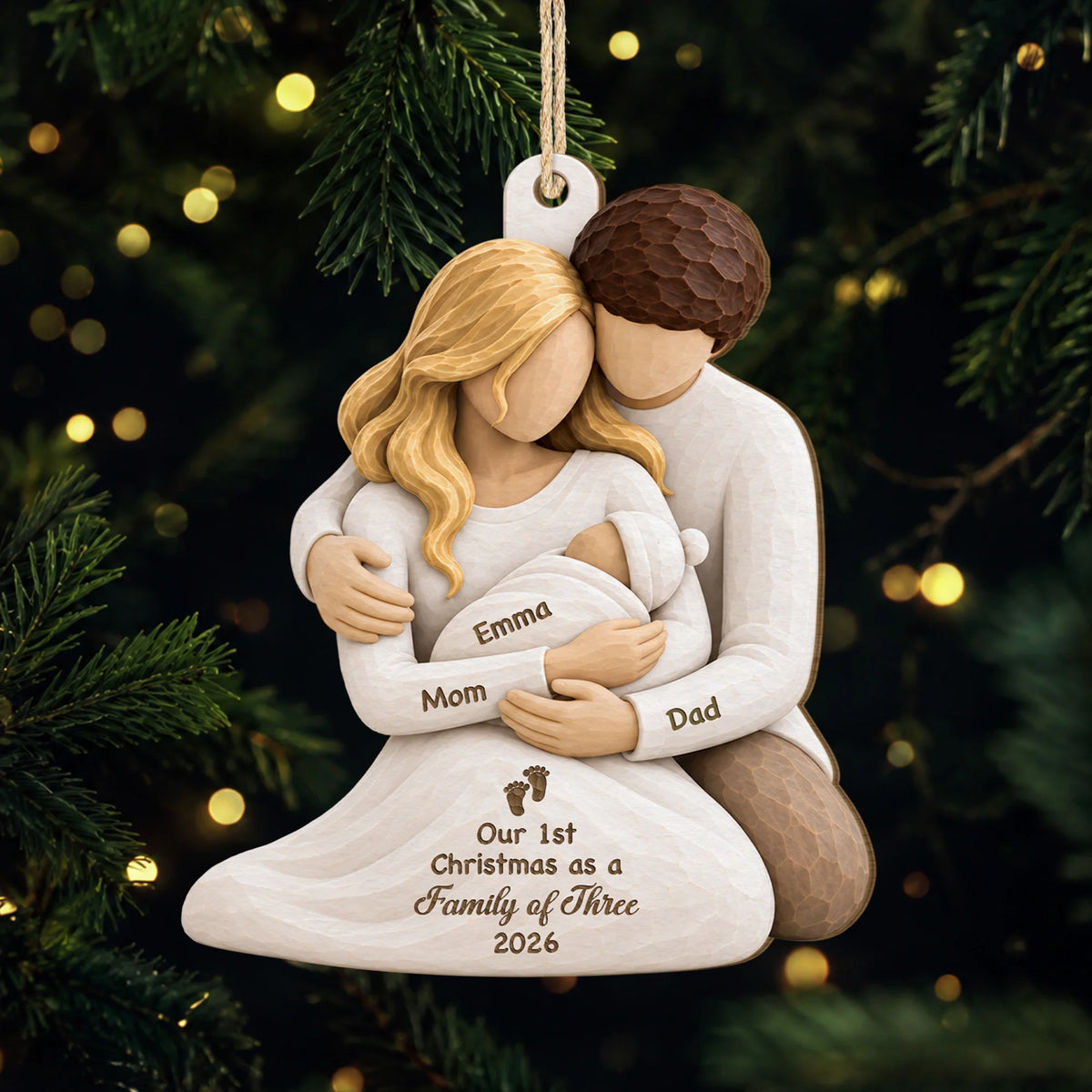 "Our 1st Christmas As A Family" Personalized Wooden Ornament - Keepsake for New Parents