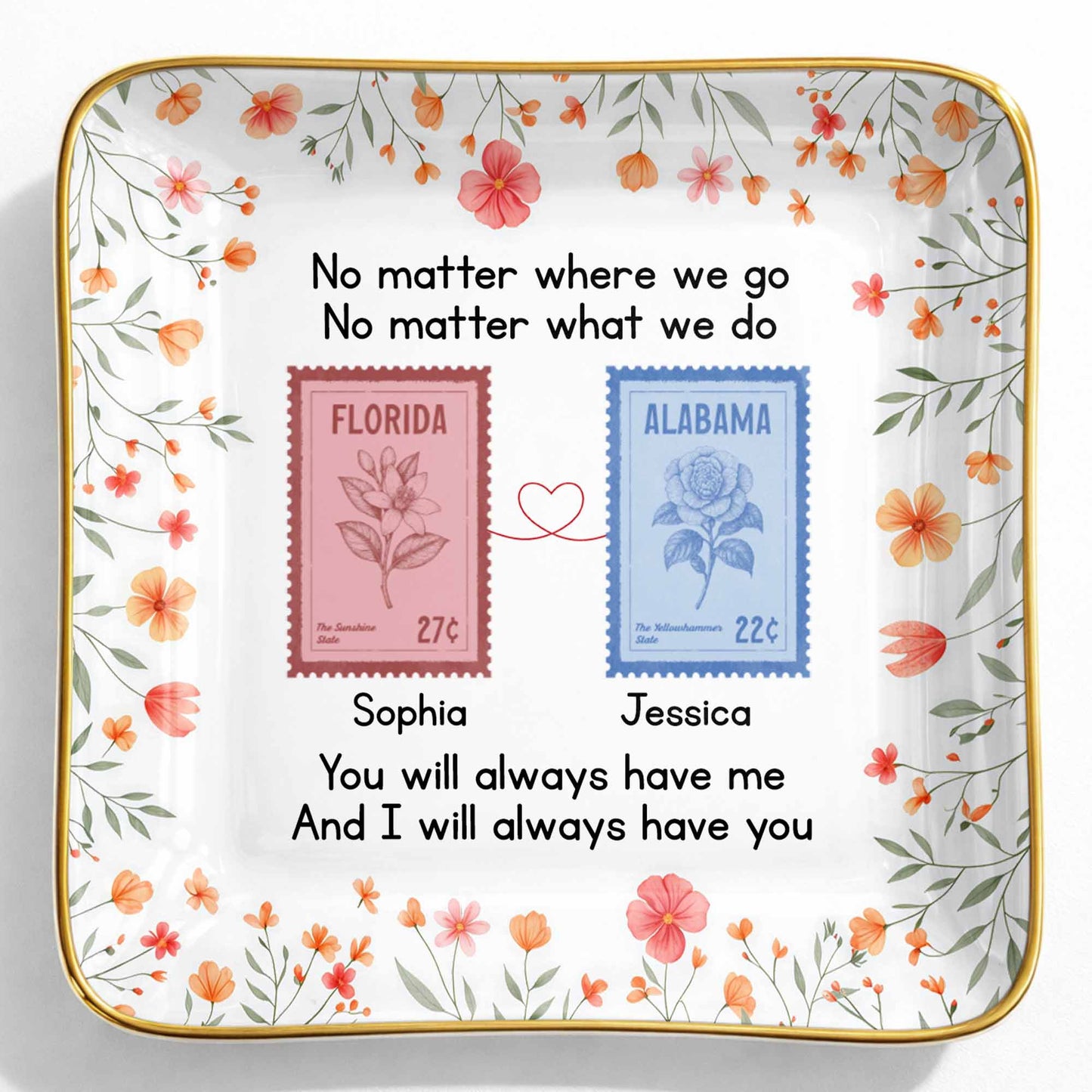 Personalized long distance friendship jewelry dish with floral state stamps for best friends image 9