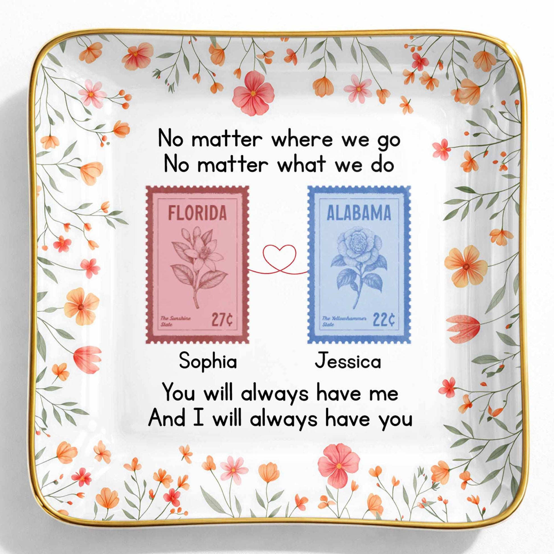 Personalized long distance friendship jewelry dish with floral state stamps for best friends image 9