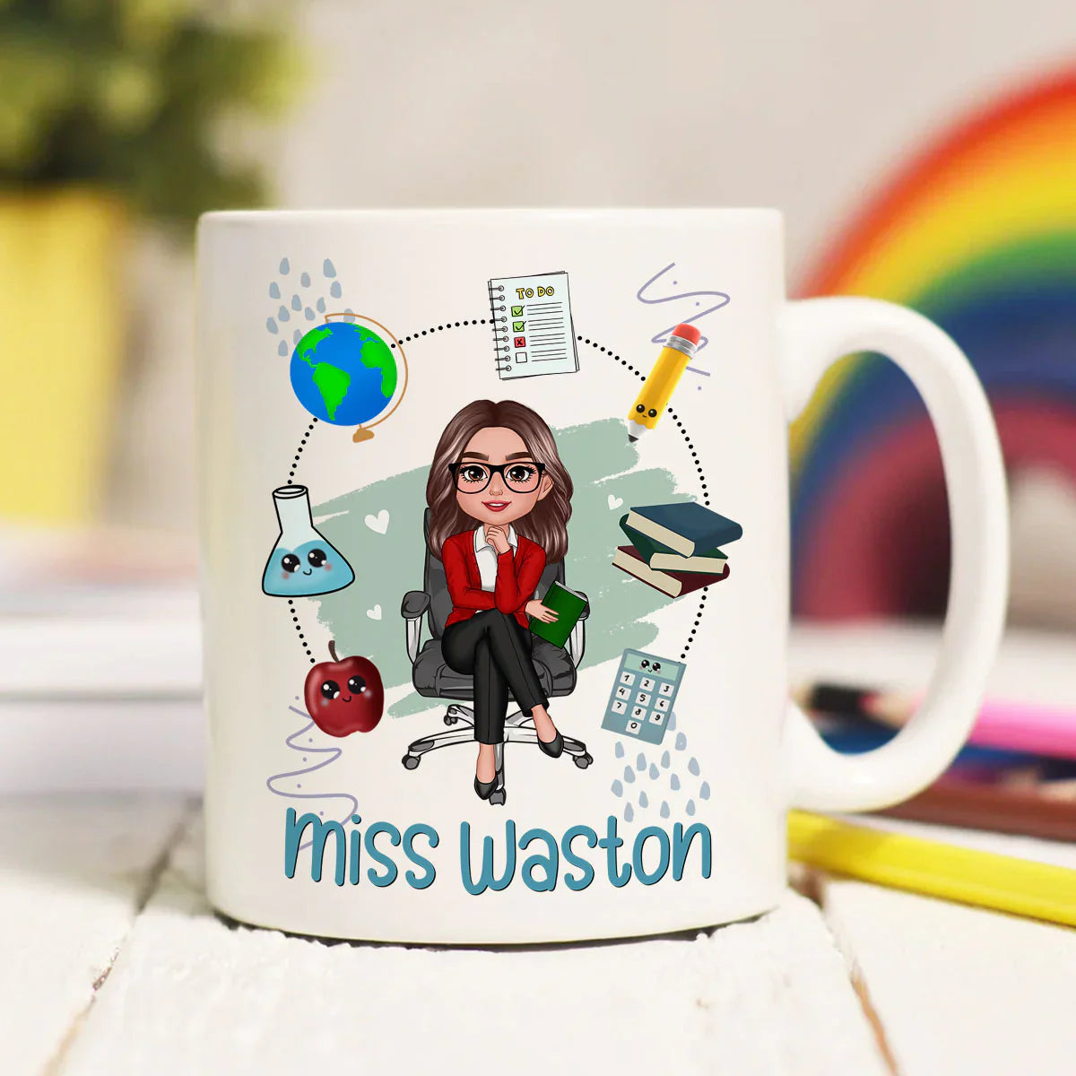 Personalized teacher mug featuring a custom character and school elements for Miss Waston
