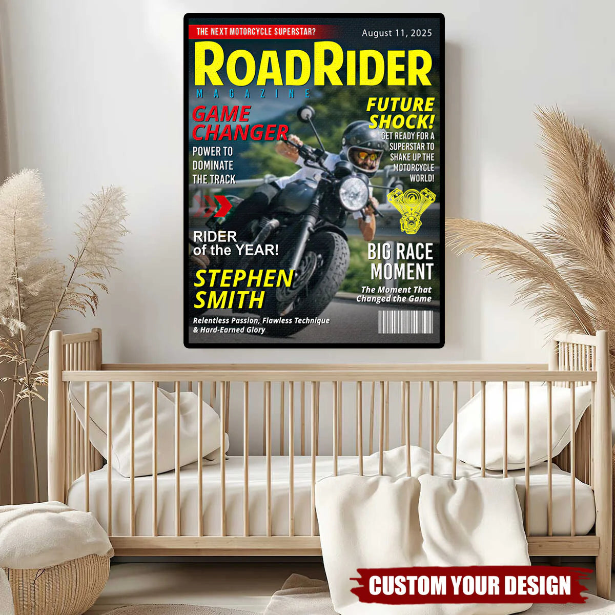 Personalized motorcycle magazine poster featuring a biker on a road with custom name and headlines image 6