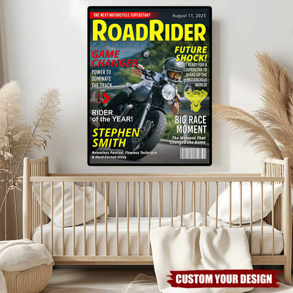 Personalized motorcycle magazine poster featuring a biker on a road with custom name and headlines image 6