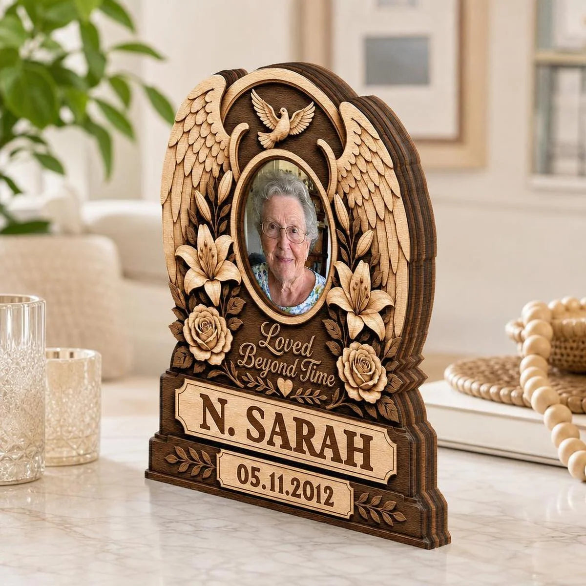 "Loved Beyond Time" Personalized Memorial Photo Wooden Block - Custom Sympathy Keepsake Gift for Loss of Loved One