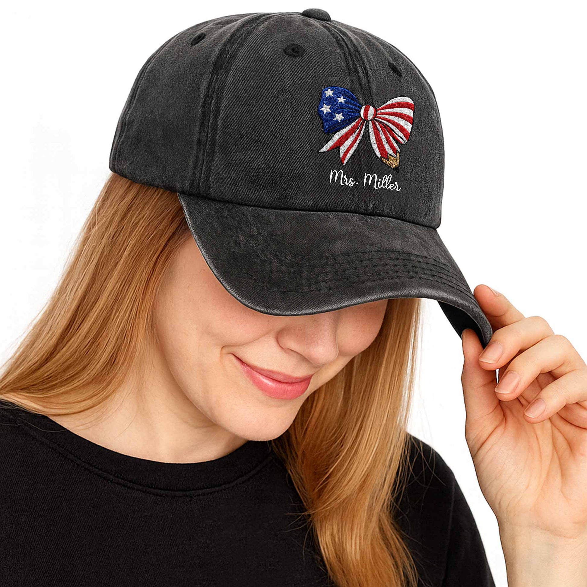 T-Shirt / Hoodie material and size view - Personalized Teacher American Flag Hat