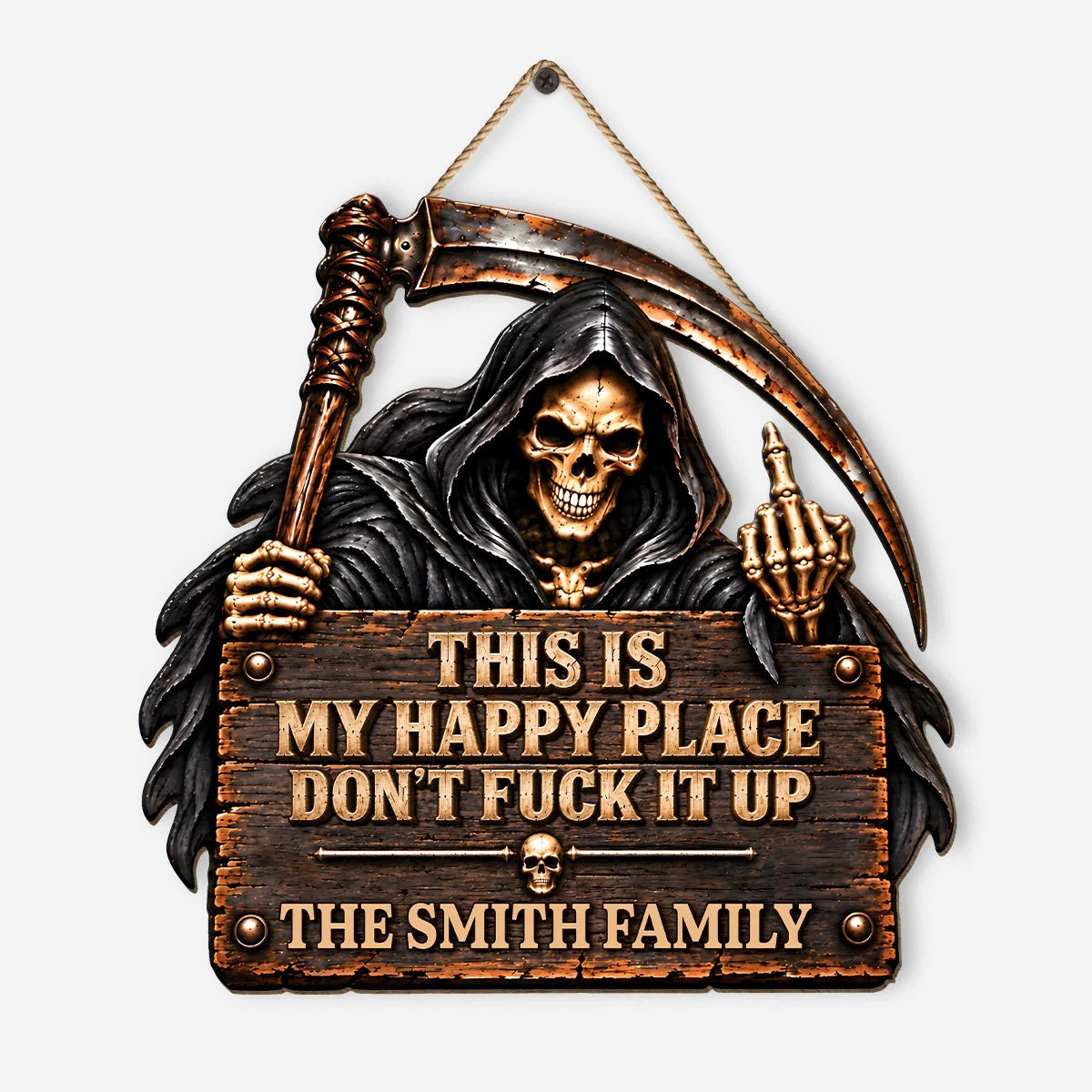 This Is My Happy Place Personalized Grim Reaper Wood Sign - Family Halloween Decor