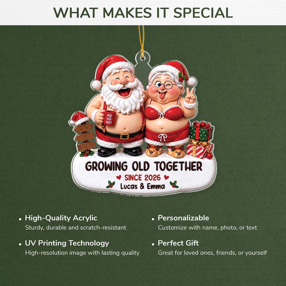 "Growing Old Together" Personalized Santa Couple Acrylic Ornament - Custom Christmas Keepsake for Husband & Wife