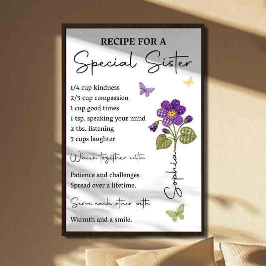 Personalized sister gift poster with birth month flower design and recipe for a special sister quote wall art print