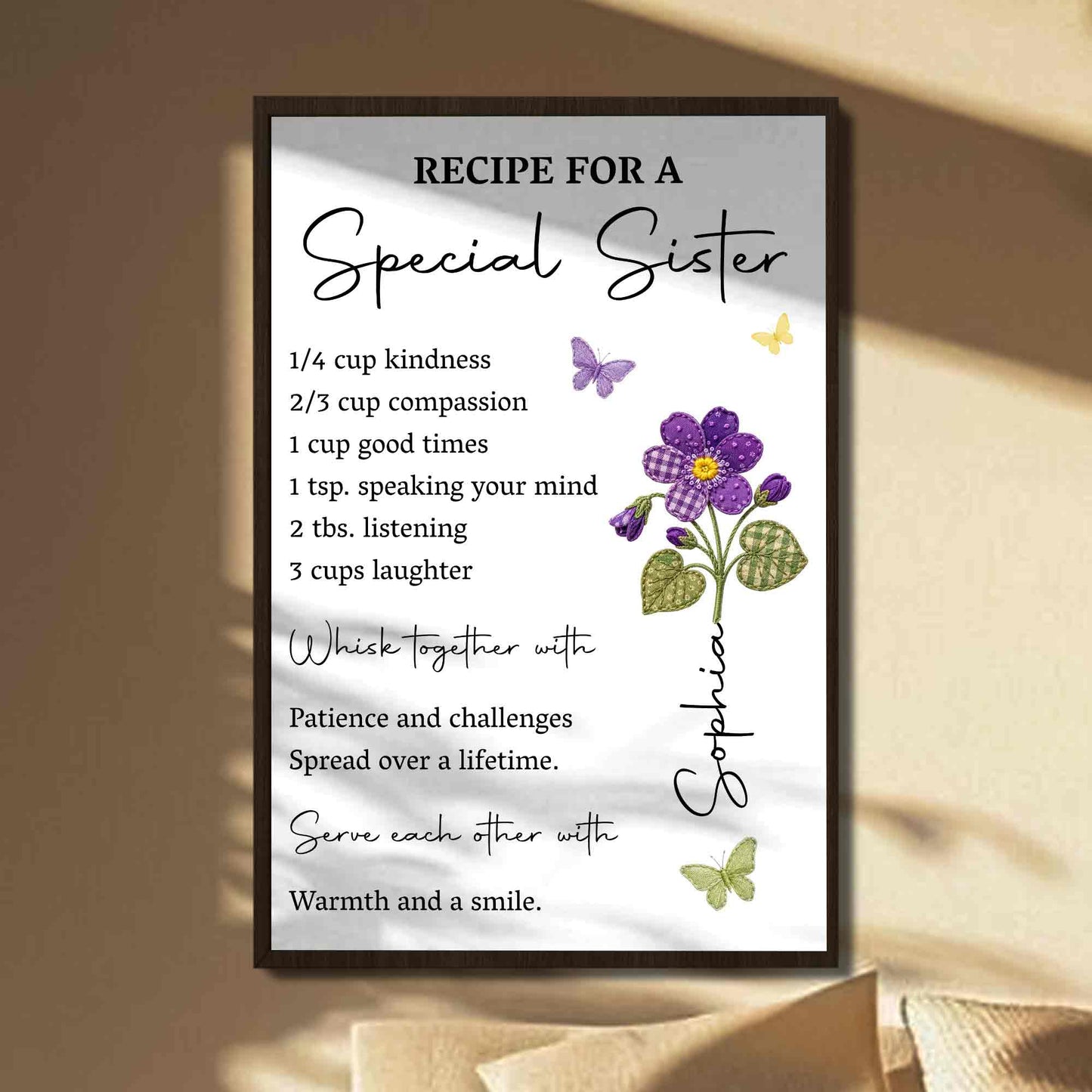 Personalized sister gift poster with birth month flower design and recipe for a special sister quote wall art print